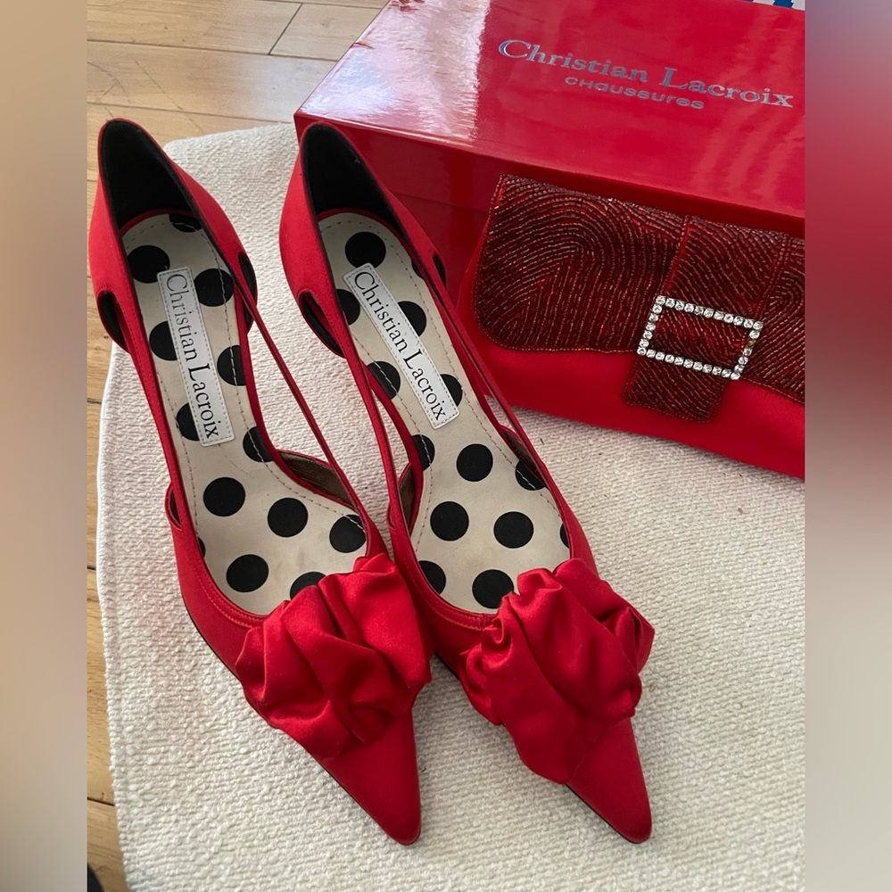 6.5W Christian Lacroix Satin Red Bow Pump